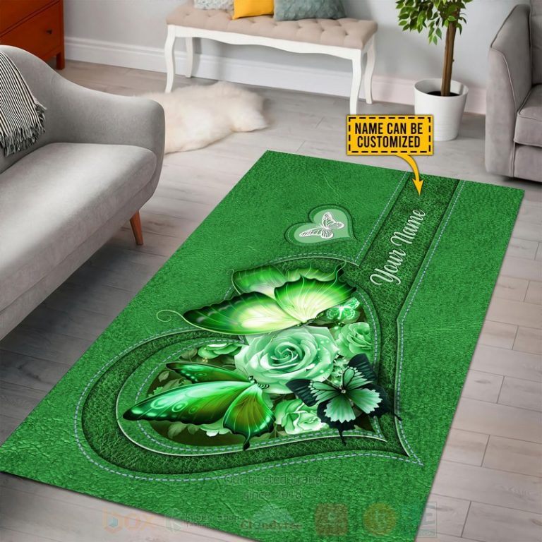 Butterfly-Flower-Heart-Custom-Name-Green-Rug-1