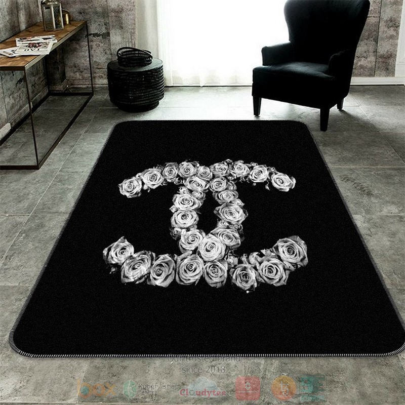 Chanel Logo Rose Black Rectangle Rug Chanel Logo Rose Black Rectangle Rug