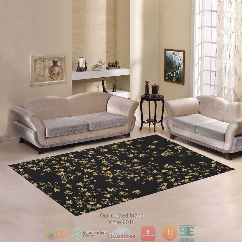 Gold Flower Pattern Black Rug Carpet Gold Flower Pattern Black Rug Carpet