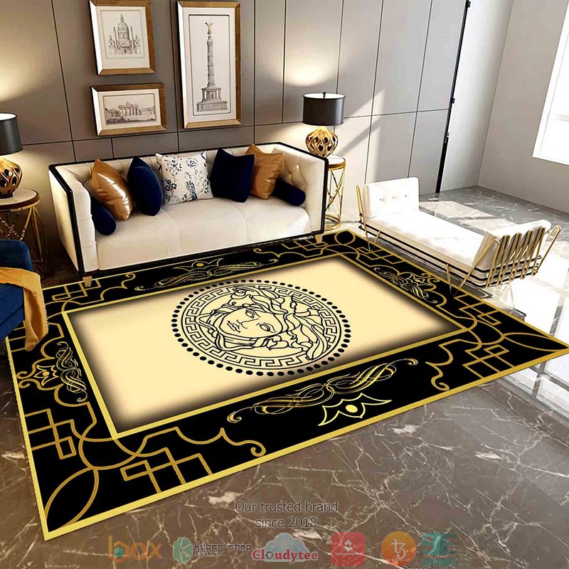 Versace Black Logo Floral Pattern Black Border Rug Carpet Versace Black Logo Floral Pattern Black Border Rug Carpet