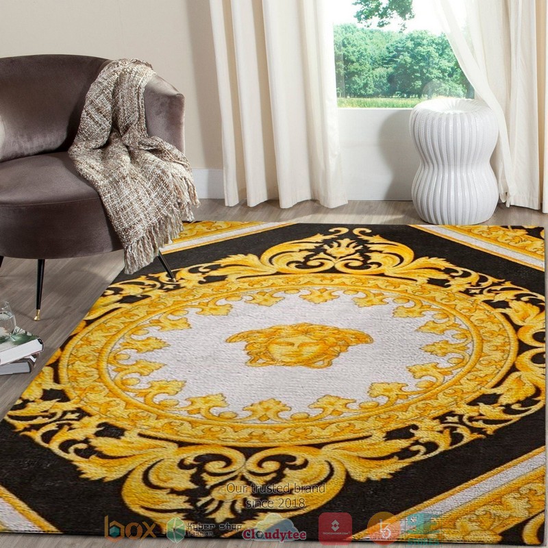 Versace Circle Black Gold Logo Border Black Rug Carpet Versace Circle Black Gold Logo Border Black Rug Carpet