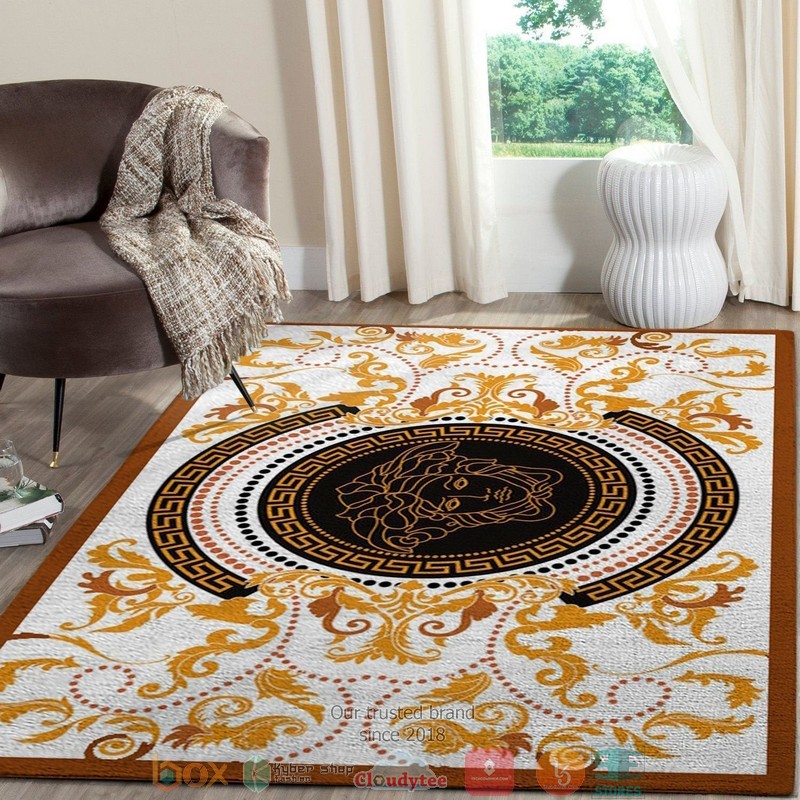 Versace Gold Circle Flower Pattern White Rug Carpet Versace Gold Circle Flower Pattern White Rug Carpet