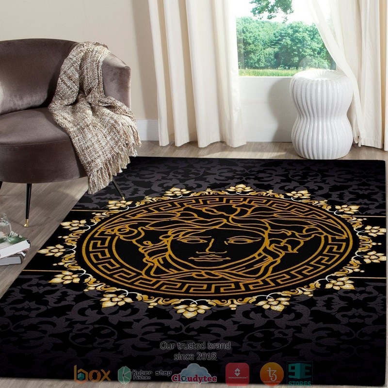 Versace Gold Circle Logo Pattern Black Rug Carpet Versace Gold Circle Logo Pattern Black Rug Carpet
