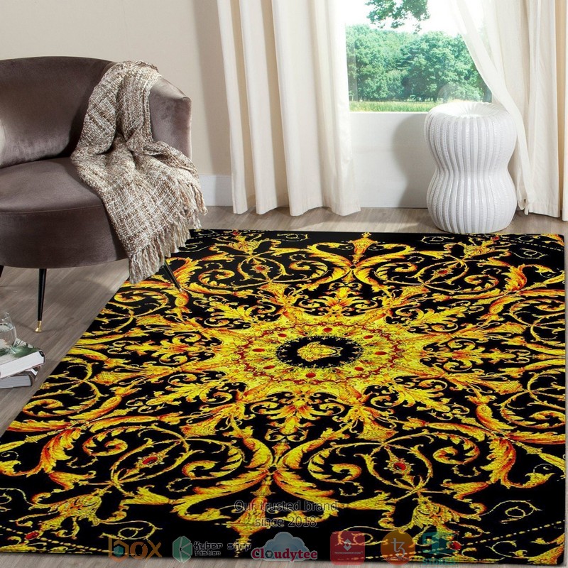 Versace Gold Flower Pattern Black Rug Carpet Versace Gold Flower Pattern Black Rug Carpet