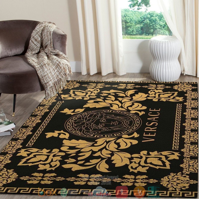 Versace Gold Flower Pattern Border Black Rug Carpet Versace Gold Flower Pattern Border Black Rug Carpet