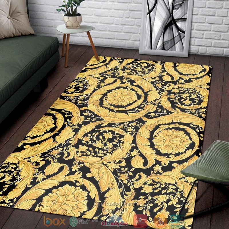 Versace Gold Flower Pattern Luxury Black Rug Carpet Versace Gold Flower Pattern Luxury Black Rug Carpet