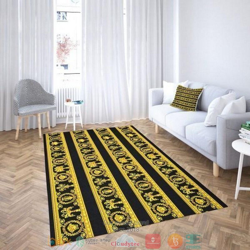 Versace Gold Stripe Logo Pattern Black Rug Carpet Versace Gold Stripe Logo Pattern Black Rug Carpet