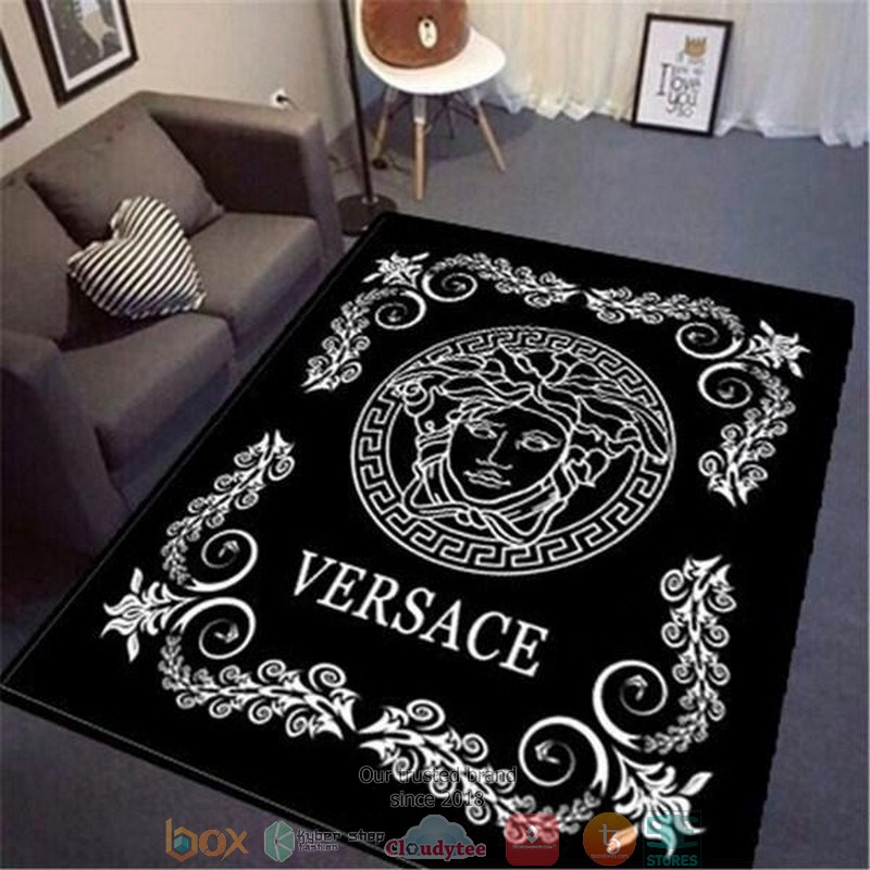 Versace White Logo Border Black Rug Carpet Versace White Logo Border Black Rug Carpet