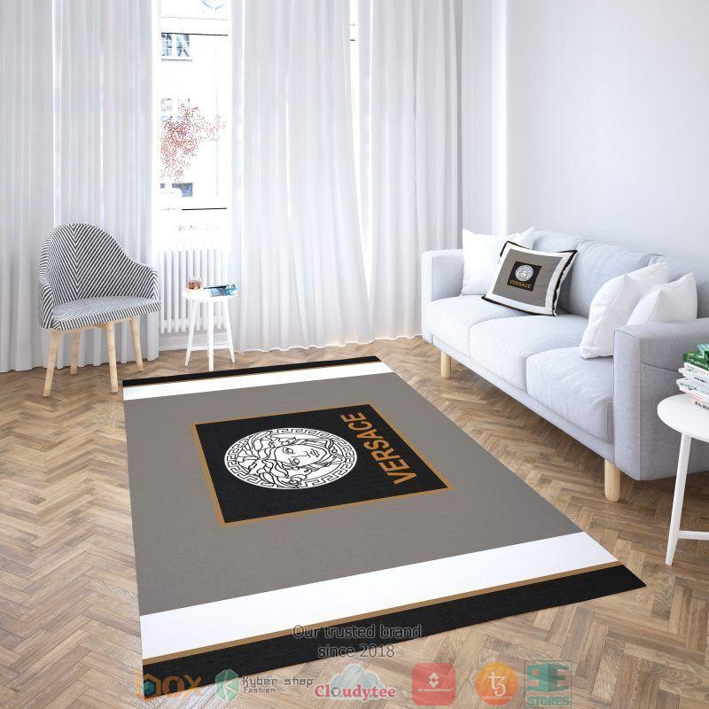 Versace White Logo Grey Black Rug Carpet Versace White Logo Grey Black Rug Carpet