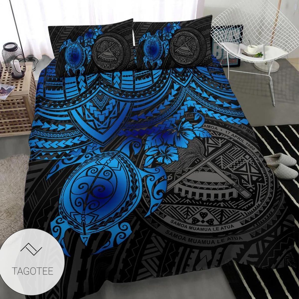 American Samoa Polynesian Bedding Set Blue Turtle- American Samoa Polynesian Bedding Set Blue Turtle-