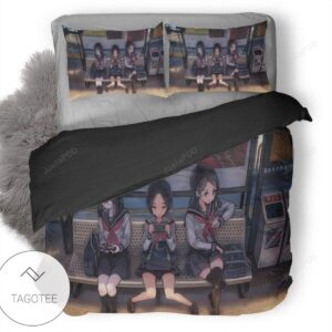 Anime Schoool Girls On Phones Waiting For Bus Bedding Set-