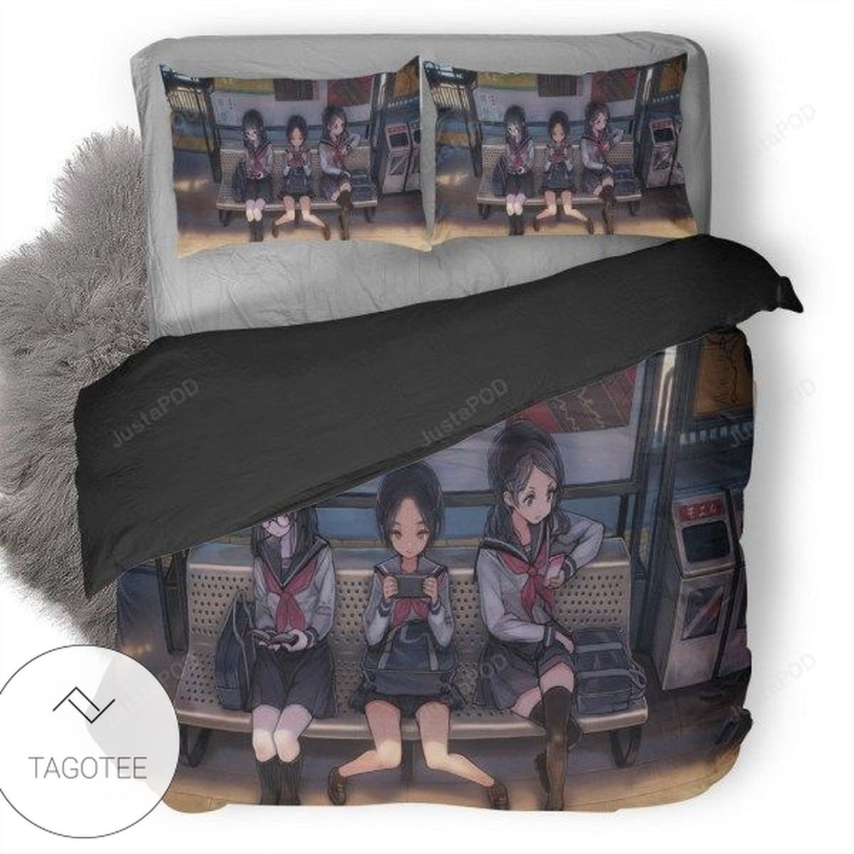 Anime Schoool Girls On Phones Waiting For Bus Bedding Set- Anime Schoool Girls On Phones Waiting For Bus Bedding Set-