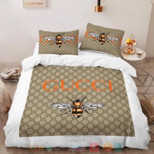 Bee Gucci Brand White Khaki Pattern Quilt Bedding Set