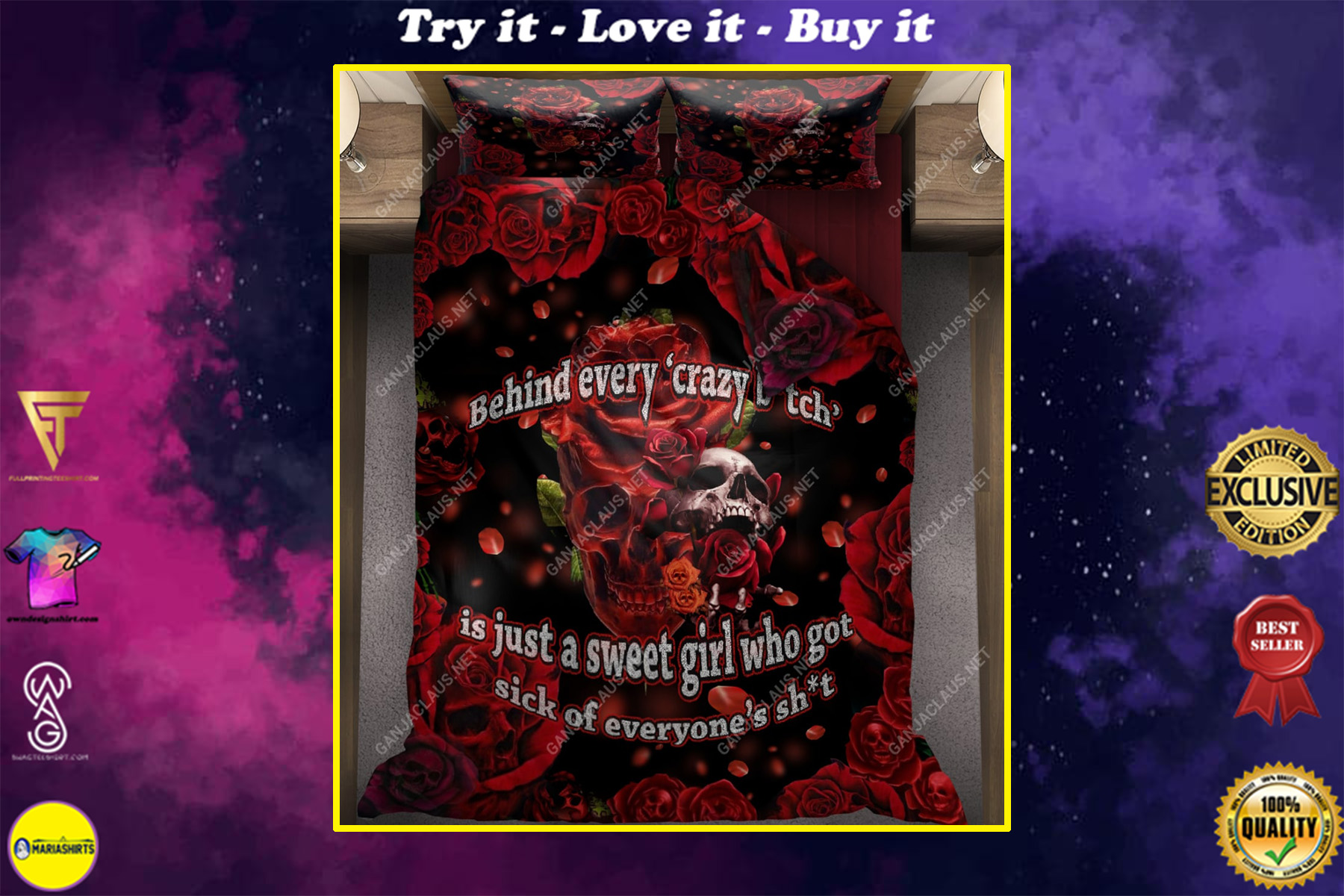 Behind Every Crazy Skull Roses Full Printing Bedding Set Behind Every Crazy Skull Roses Full Printing Bedding Set