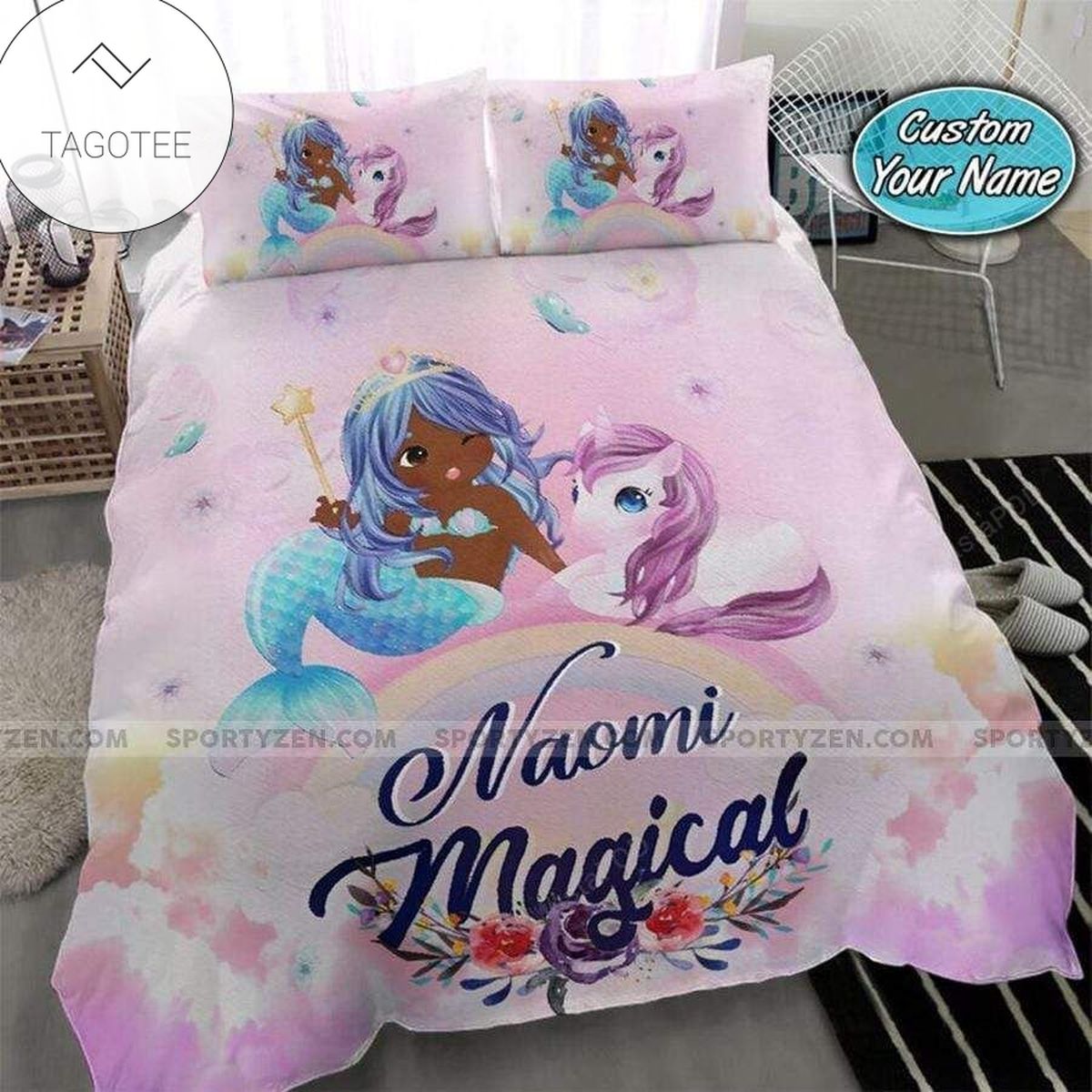 Black Baby Mermaid And Unicorn Personalized Name Duvet Cover Bedding Set Black Baby Mermaid And Unicorn Personalized Name Duvet Cover Bedding Set