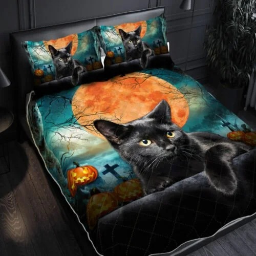 Black Cat Halloween Moon Quilt Bedding Set Black Cat Halloween Moon Quilt Bedding Set
