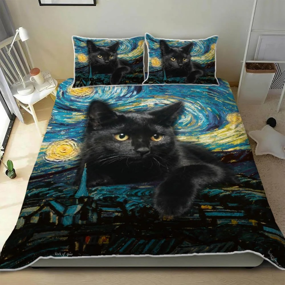 Black Cat Starry Night Quilt Bedding Set Black Cat Starry Night Quilt Bedding Set