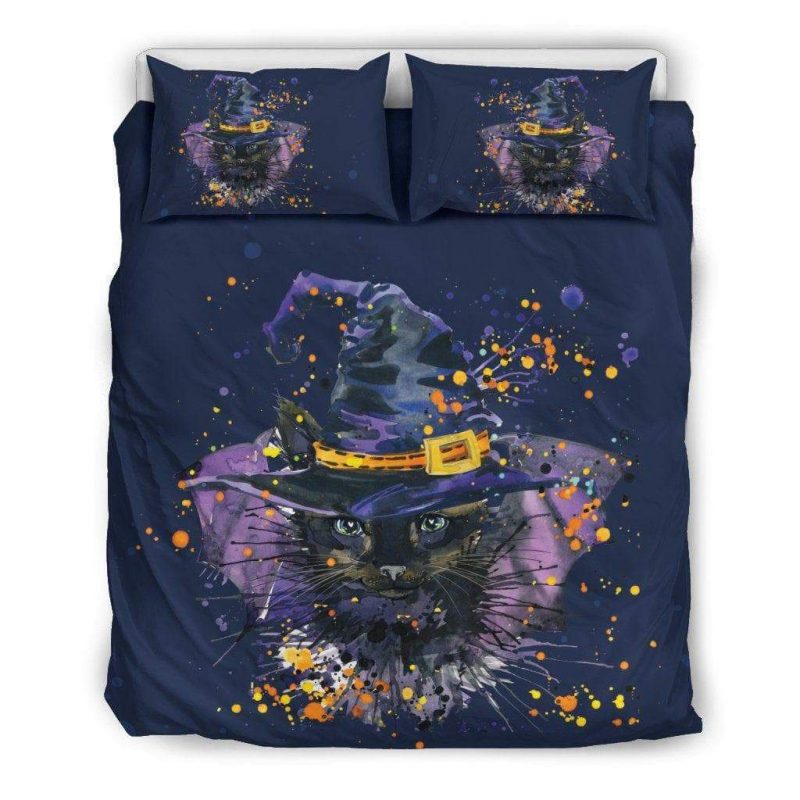 Black Cat With A Witch Hat Duvet Cover and Pillowcase Set Bedding Set Black Cat With A Witch Hat Duvet Cover and Pillowcase Set Bedding Set