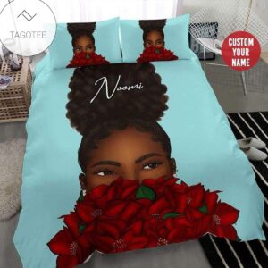 Black Girl Afro Red Flower Name Duvet Cover Bedding Set