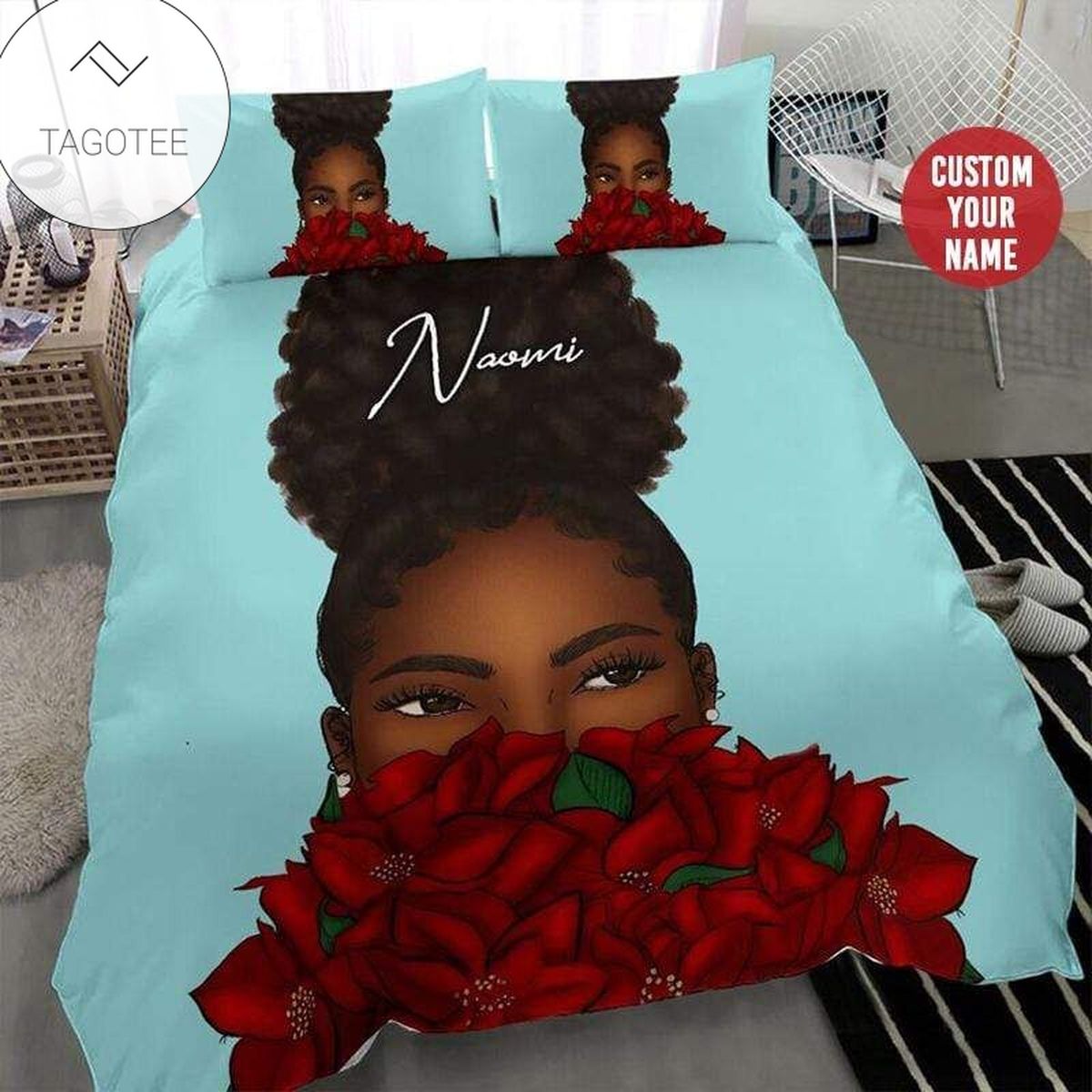 Black Girl Afro Red Flower Name Duvet Cover Bedding Set Black Girl Afro Red Flower Name Duvet Cover Bedding Set
