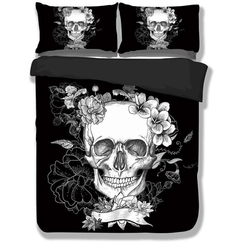 Black White Floral Skull Duvet Cover and Pillowcase Set Bedding Set Black White Floral Skull Duvet Cover and Pillowcase Set Bedding Set