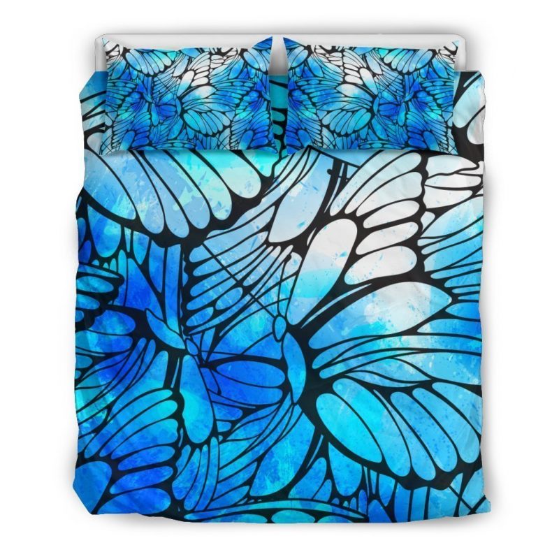 Blue Butterfly Wings Pattern Print Duvet Cover and Pillowcase Set Bedding Set Blue Butterfly Wings Pattern Print Duvet Cover and Pillowcase Set Bedding Set
