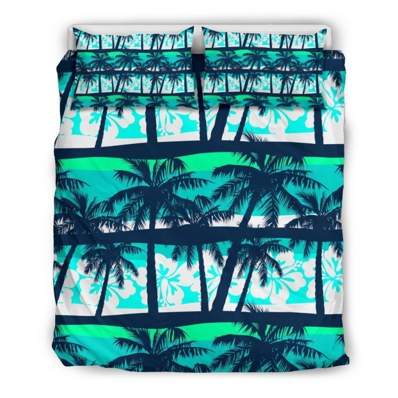 Blue Hibiscus Palm Tree Pattern Print Duvet Cover and Pillowcase Set Bedding Set Blue Hibiscus Palm Tree Pattern Print Duvet Cover and Pillowcase Set Bedding Set
