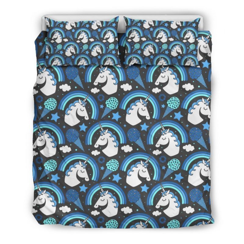 Blue Rainbow Unicorn Pattern Print Duvet Cover and Pillowcase Set Bedding Set Blue Rainbow Unicorn Pattern Print Duvet Cover and Pillowcase Set Bedding Set
