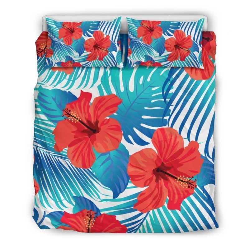Blue Tropical Hibiscus Pattern Print Duvet Cover and Pillowcase Set Bedding Set Blue Tropical Hibiscus Pattern Print Duvet Cover and Pillowcase Set Bedding Set