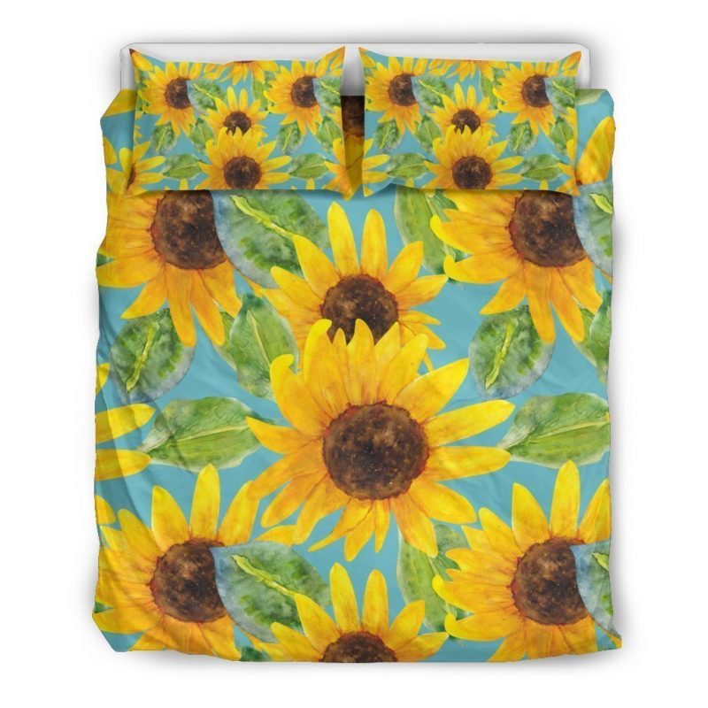 Blue Watercolor Sunflower Pattern Print Duvet Cover and Pillowcase Set Bedding Set Blue Watercolor Sunflower Pattern Print Duvet Cover and Pillowcase Set Bedding Set
