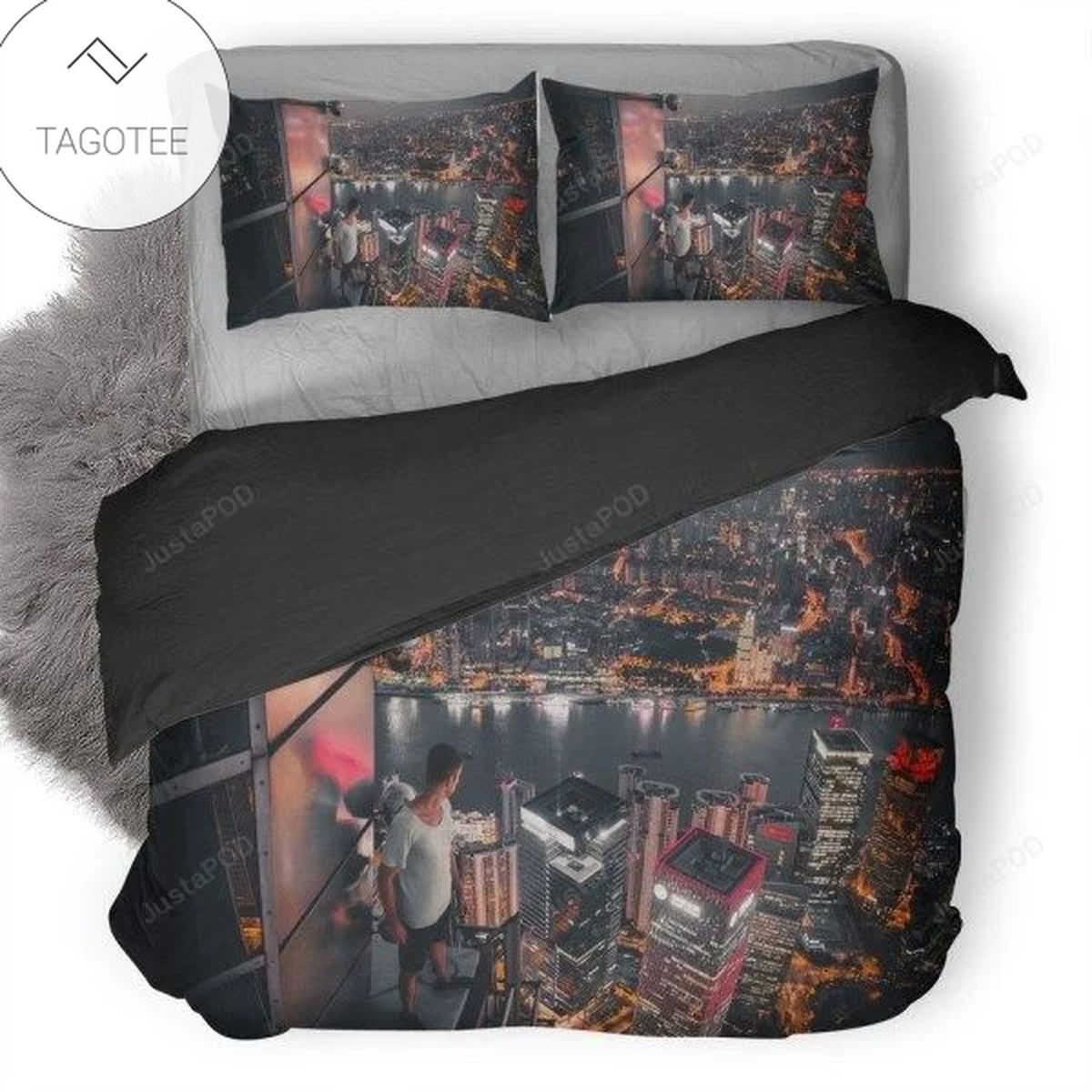 Boy Standing On The Rooftop Of Building Looking Down Bedding Set- Boy Standing On The Rooftop Of Building Looking Down Bedding Set-