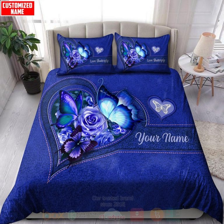 Butterfly-Flower-Heart-Custom-Name-Blue-Bedding-Set-1