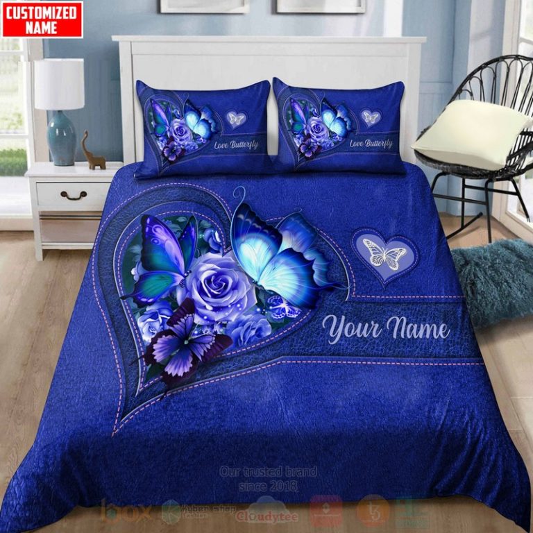 Butterfly-Flower-Heart-Custom-Name-Blue-Bedding-Set-2