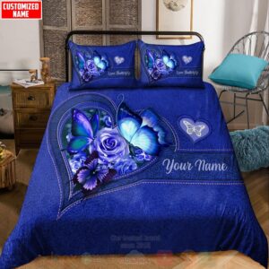Butterfly-Flower Heart Custom Name Blue Bedding Set