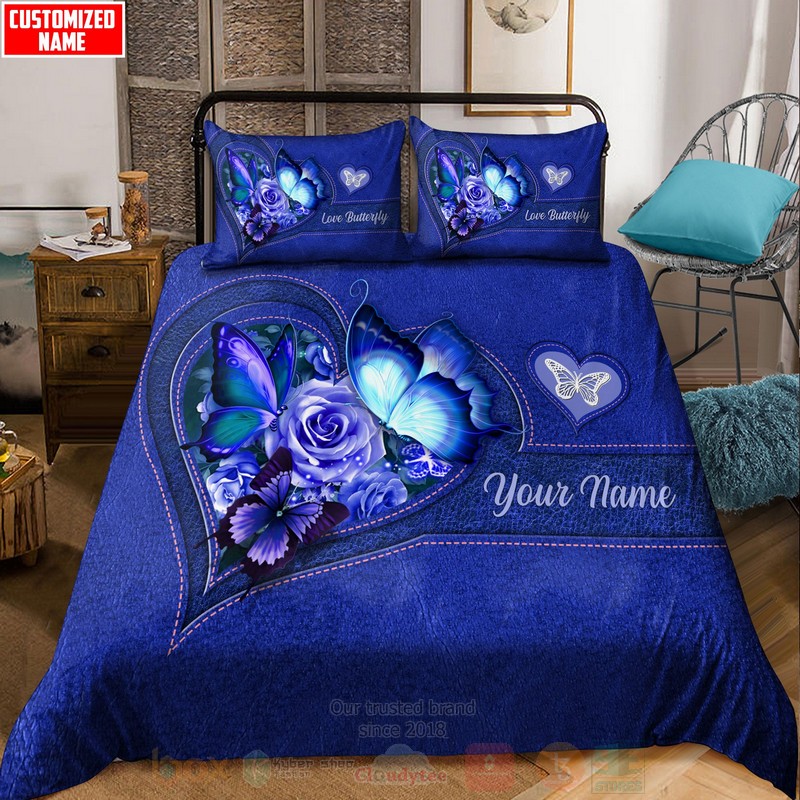 Butterfly-Flower Heart Custom Name Blue Bedding Set Butterfly-Flower Heart Custom Name Blue Bedding Set