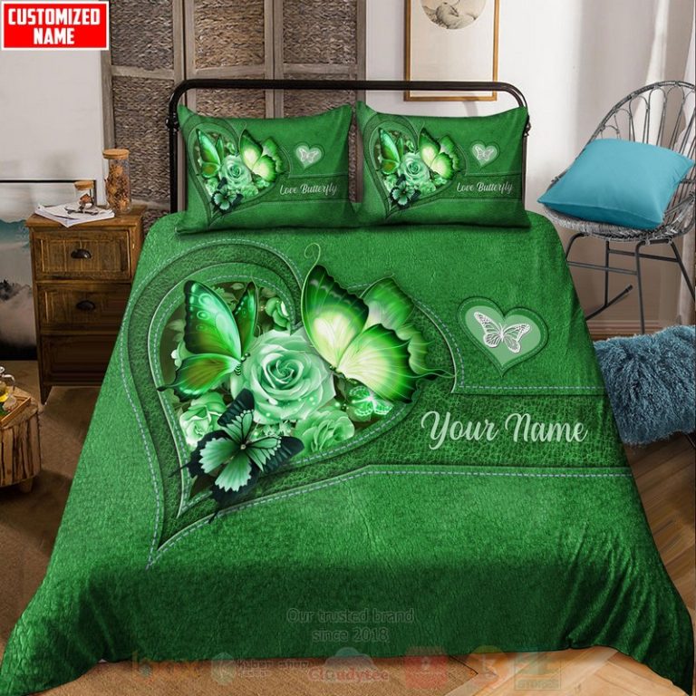Butterfly-Flower-Heart-Custom-Name-Green-Bedding-Set-1