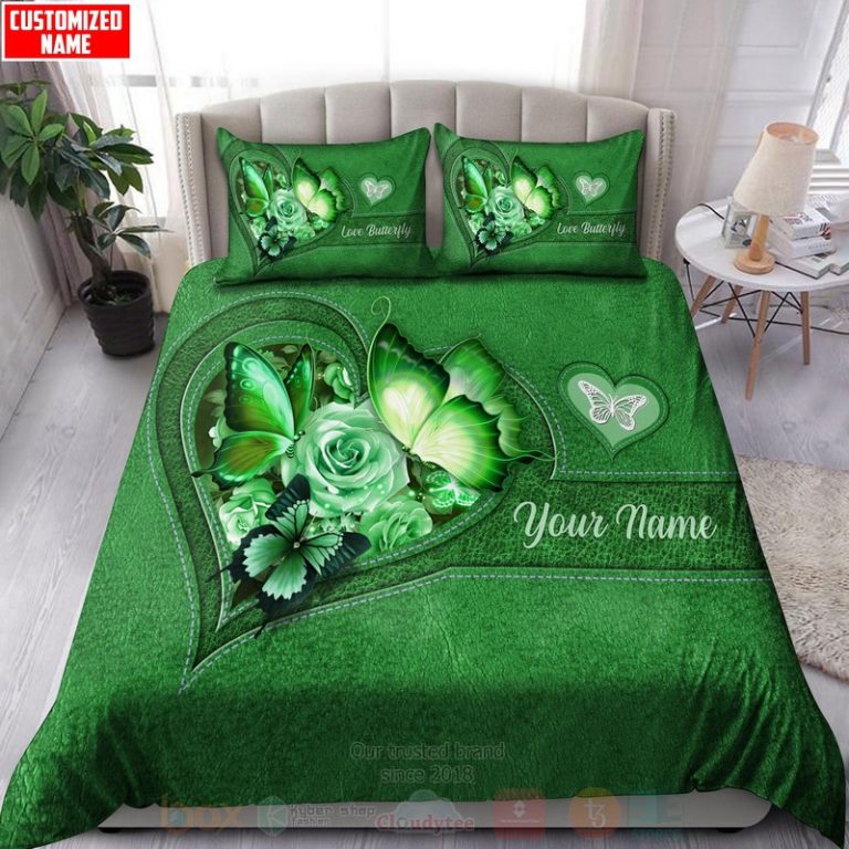 Butterfly-Flower-Heart-Custom-Name-Green-Bedding-Set-2