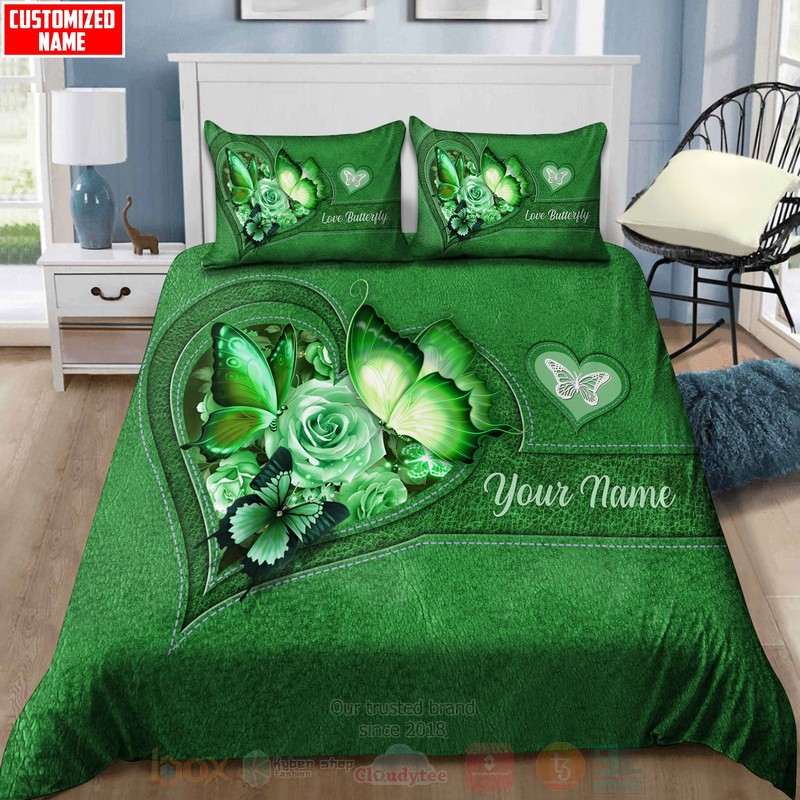 Butterfly-Flower Heart Custom Name Green Bedding Set Butterfly-Flower Heart Custom Name Green Bedding Set