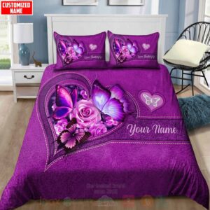 Butterfly-Flower Heart Custom Name Pink Bedding Set