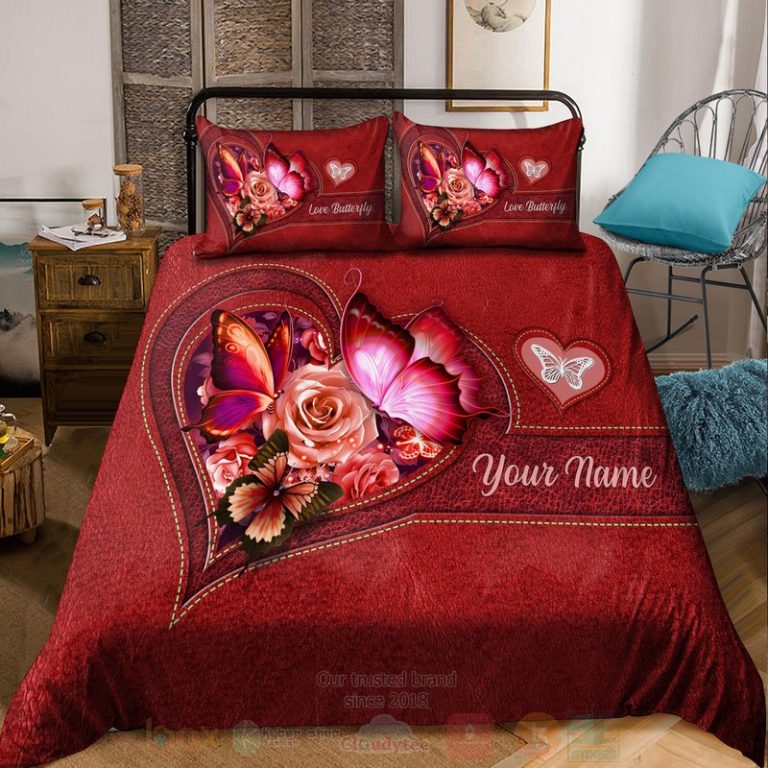 Butterfly-Flower-Heart-Custom-Name-Red-Bedding-Set-1