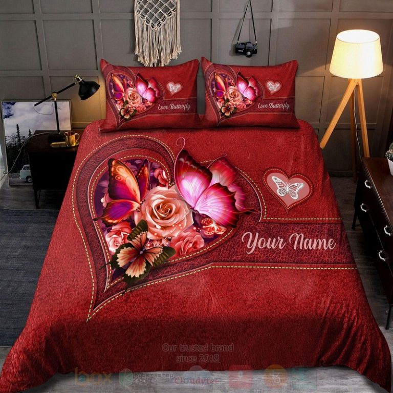Butterfly-Flower-Heart-Custom-Name-Red-Bedding-Set-2