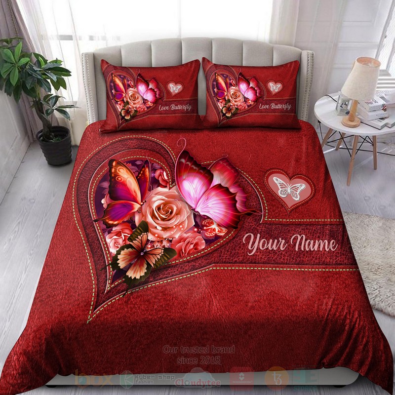 Butterfly-Flower Heart Custom Name Red Bedding Set Butterfly-Flower Heart Custom Name Red Bedding Set