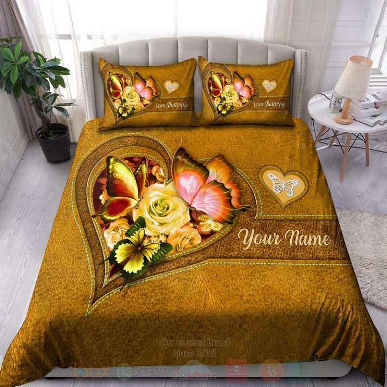 Butterfly-Flower-Heart-Custom-Name-Yellow-Bedding-Set-1