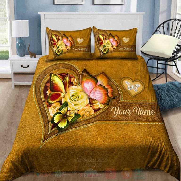 Butterfly-Flower-Heart-Custom-Name-Yellow-Bedding-Set-2