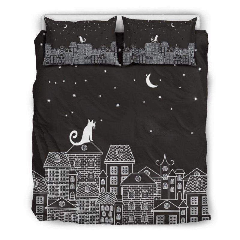 Cat On Roof In Cute Town Duvet Cover and Pillowcase Set Bedding Set Cat On Roof In Cute Town Duvet Cover and Pillowcase Set Bedding Set