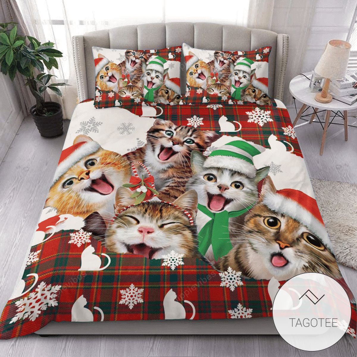 Christmas Cats Over Printed Bedding Set- Christmas Cats Over Printed Bedding Set-