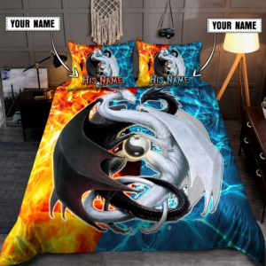 Couple Ice And Fire Dragon Custom Name Quilt Bedding Set
