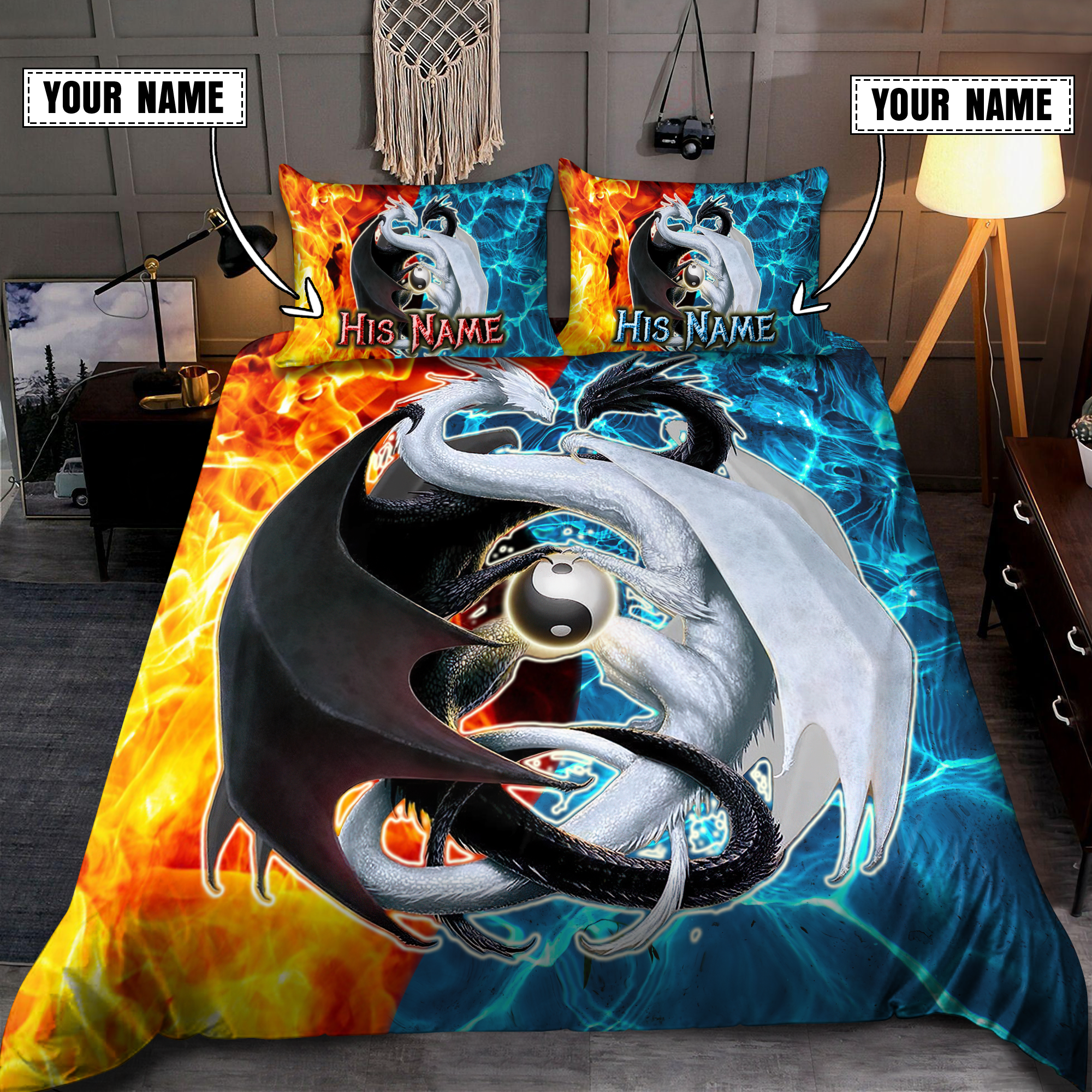 Couple Ice And Fire Dragon Custom Name Quilt Bedding Set Couple Ice And Fire Dragon Custom Name Quilt Bedding Set