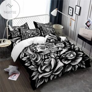 Couples Rose Sugar Skull King Queen Duvet Cover Bedding Set