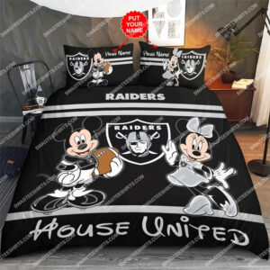 Custom Name Oakland Raiders House United Mickey Mouse And Minnie Mouse Bedding Set